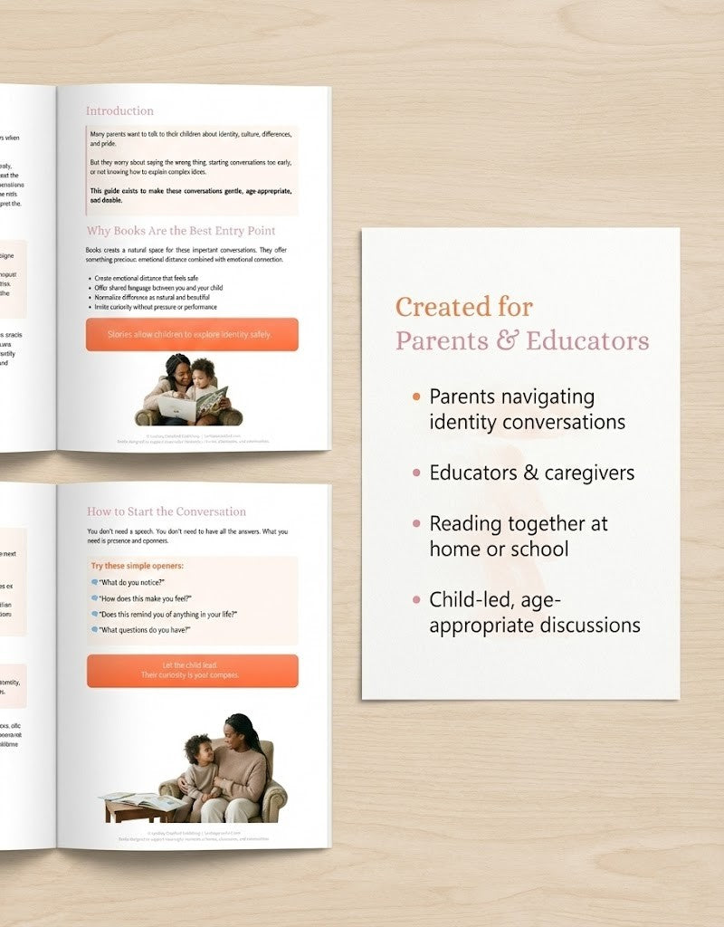Image of an open guide laid on a light wood surface, featuring pages with conversation starters for parents and children, emphasizing the use of books to explore identity topics. A separate page on the right highlights that the guide is designed for parents, educators, and caregivers to support child-led, age-appropriate discussions, especially around identity and emotional development.