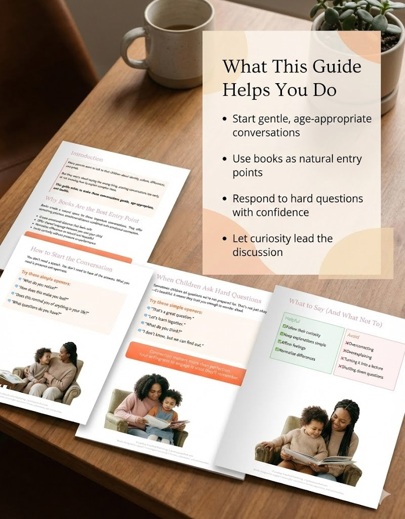 Photo of an open printed guide on a wooden table with four pages visible, showing tips for using books to start age-appropriate conversations with children. Headings include “How to Start the Conversation,” “When Children Ask Hard Questions,” and “What to Say (And What Not To),” accompanied by images of parents reading with kids. A sidebar titled “What This Guide Helps You Do” lists benefits like starting gentle conversations, using books as entry points, and responding to tough questions with confidence.