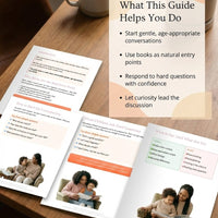 Photo of an open printed guide on a wooden table with four pages visible, showing tips for using books to start age-appropriate conversations with children. Headings include “How to Start the Conversation,” “When Children Ask Hard Questions,” and “What to Say (And What Not To),” accompanied by images of parents reading with kids. A sidebar titled “What This Guide Helps You Do” lists benefits like starting gentle conversations, using books as entry points, and responding to tough questions with confidence.